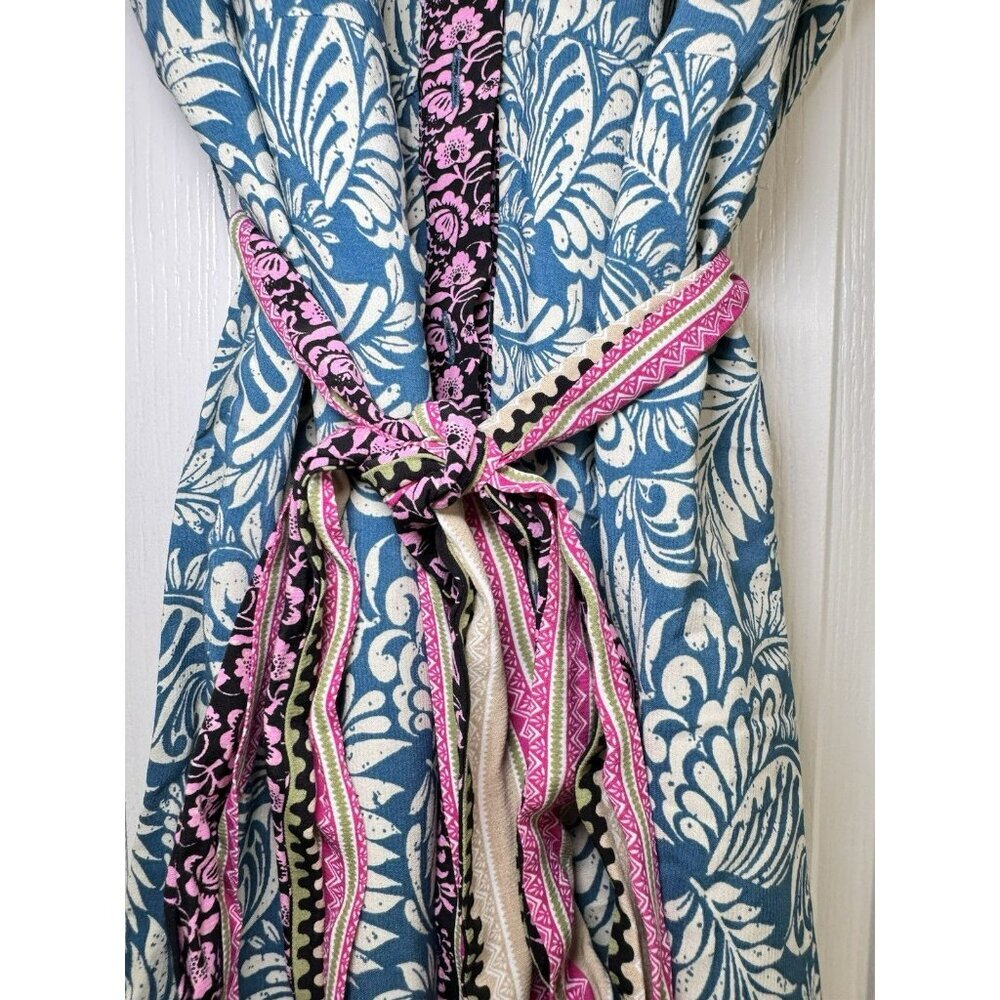 LOFT Printed Shirt Dress Belted Teal Pink Floral Boho Short Sleeve Size 8 - Picture 7 of 13